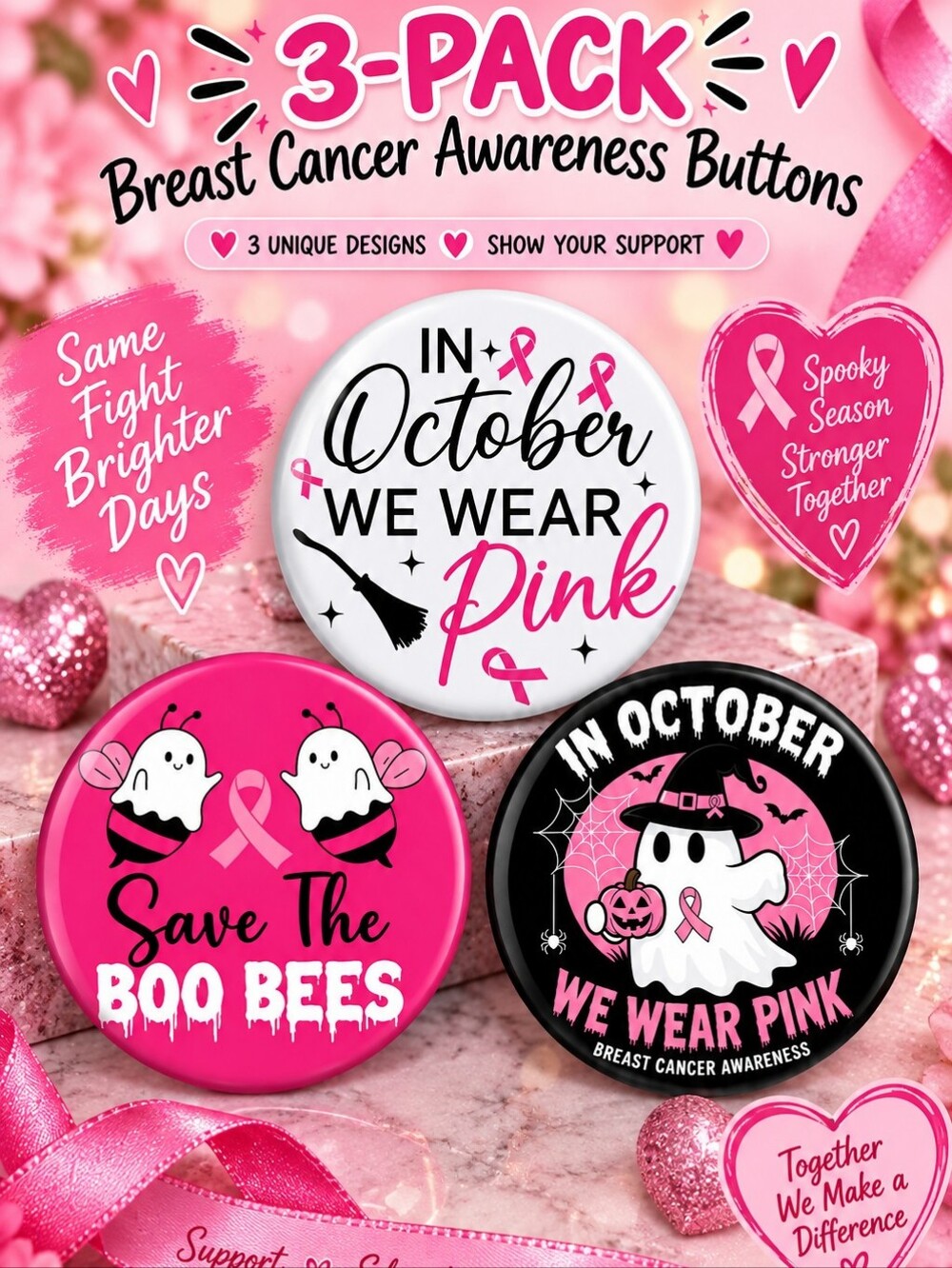 Breast Cancer Awareness Halloween Buttons - Pink (3-Pack)